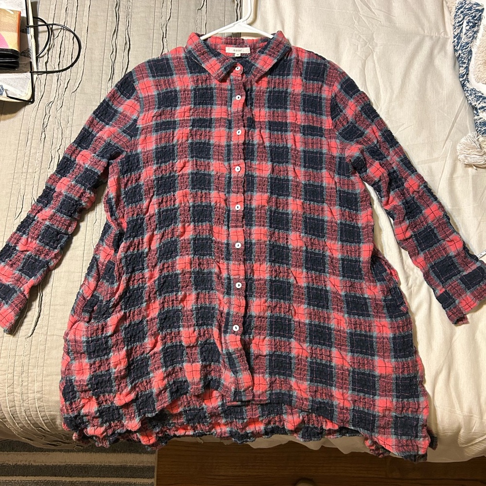 Easel Coral & Navy Plaid Tunic